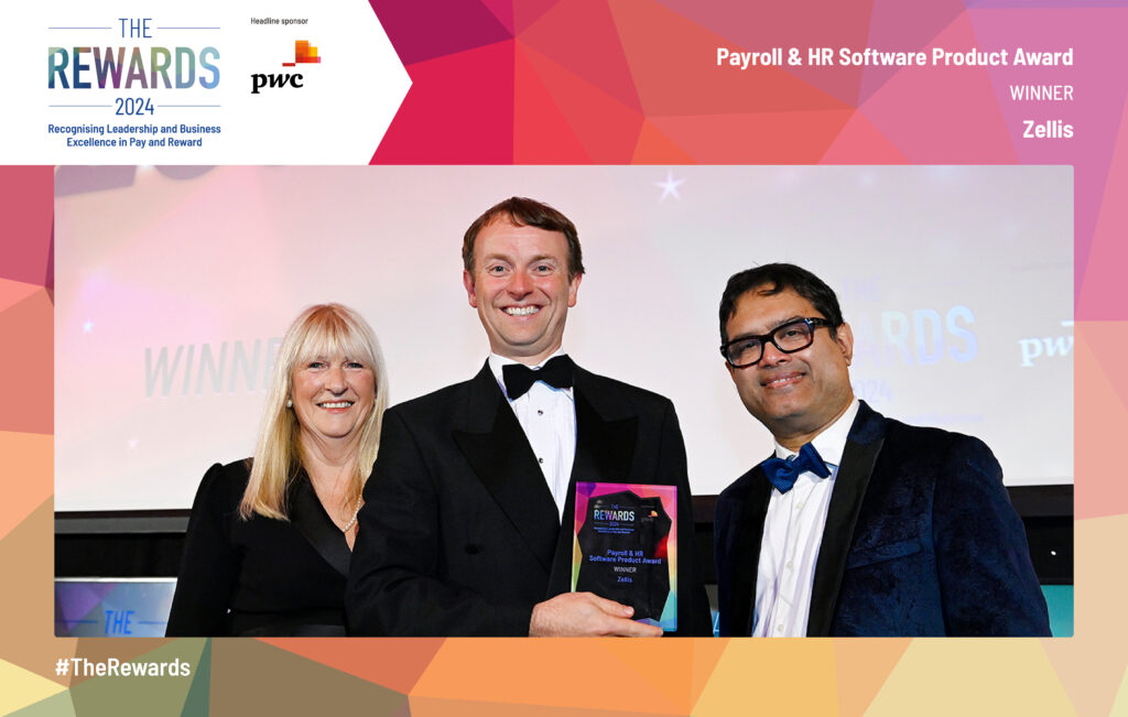 George Dunnett receives the Payroll & HR Software Product Award Trophy from comedian and host, Paul Sinha